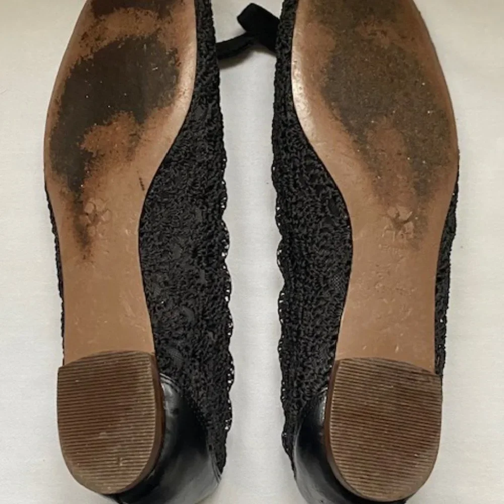 All Black Flats, Open Knit, Metal Grommets with Shoelace Ties, Size 7.5